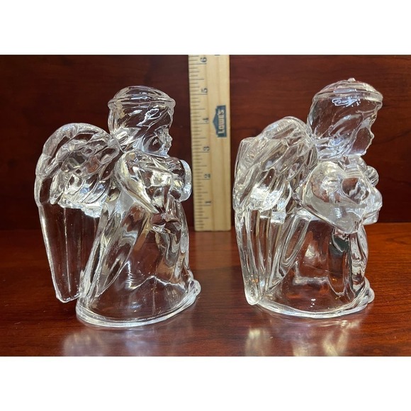 Madison Avenue Set Of 2- Glass Angels  5" with Instruments Candle Holders Heavy - Picture 3 of 7